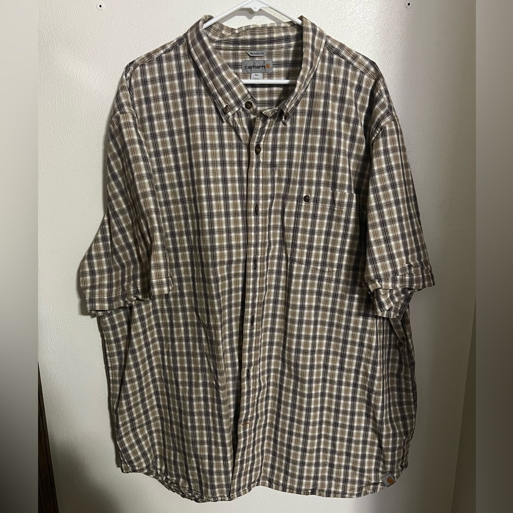 CARHARTT Classic Plaid Short Sleeve Casual Button‎ Down Tan Black Men's Size 3XL